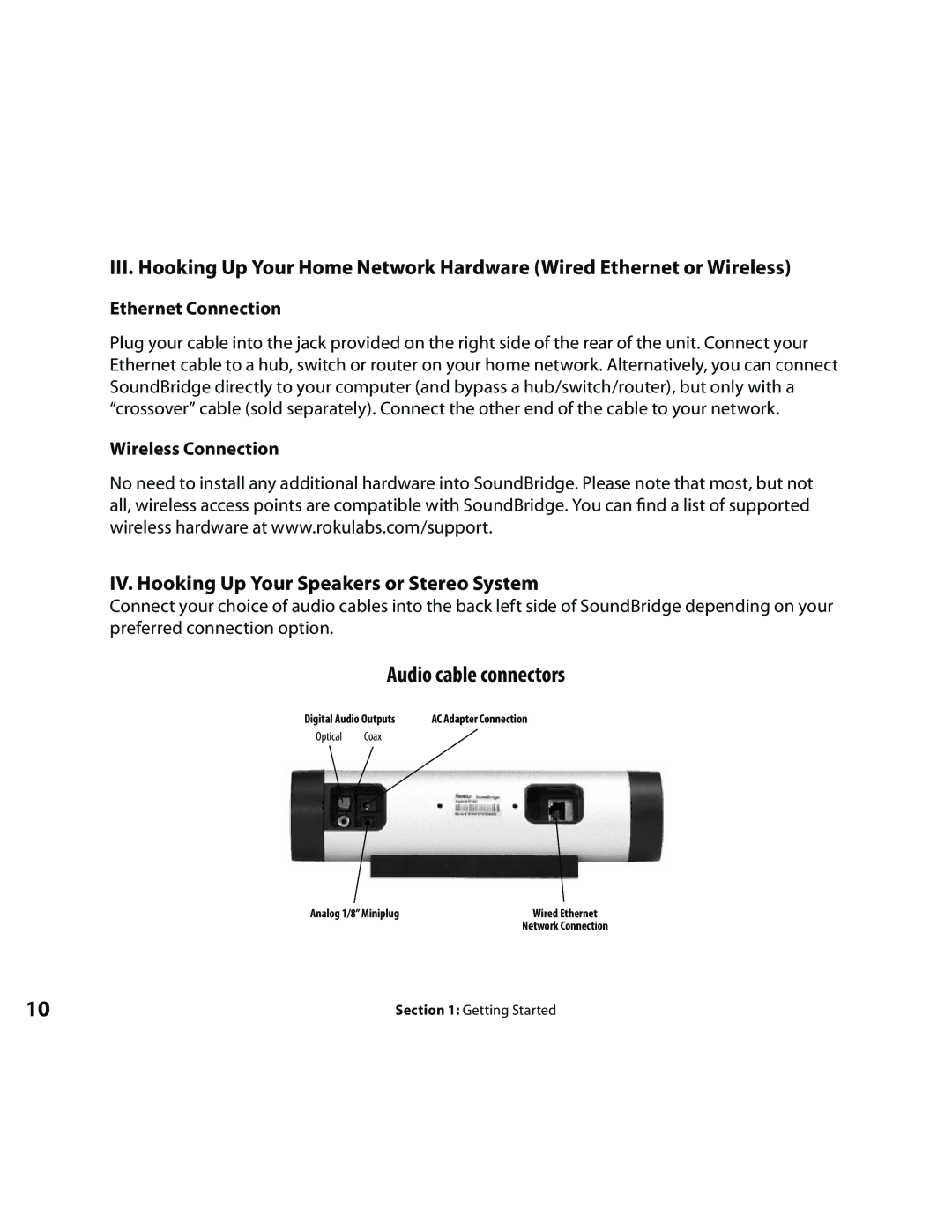 Roku Music Player manual IV. Hooking Up Your Speakers or Stereo System, Ethernet Connection, Wireless Connection 