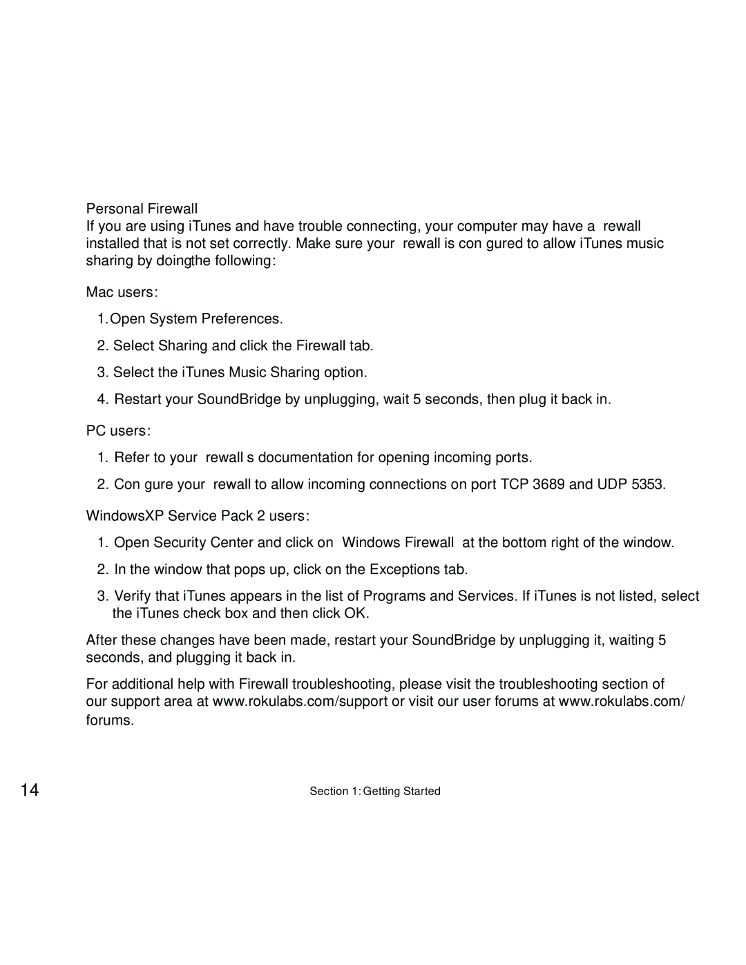Roku Music Player manual Personal Firewall, Mac users, PC users, WindowsXP Service Pack 2 users 