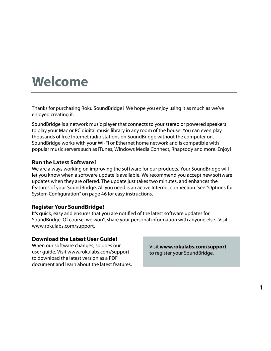 Roku Music Player manual Run the Latest Software, Register Your SoundBridge Download the Latest User Guide 