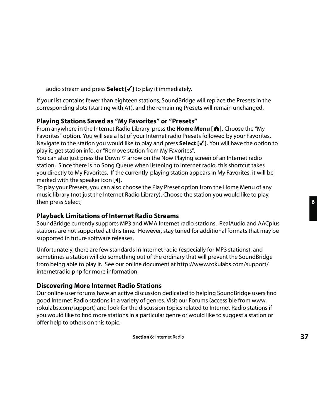 Roku Music Player manual Playing Stations Saved as My Favorites or Presets, Playback Limitations of Internet Radio Streams 