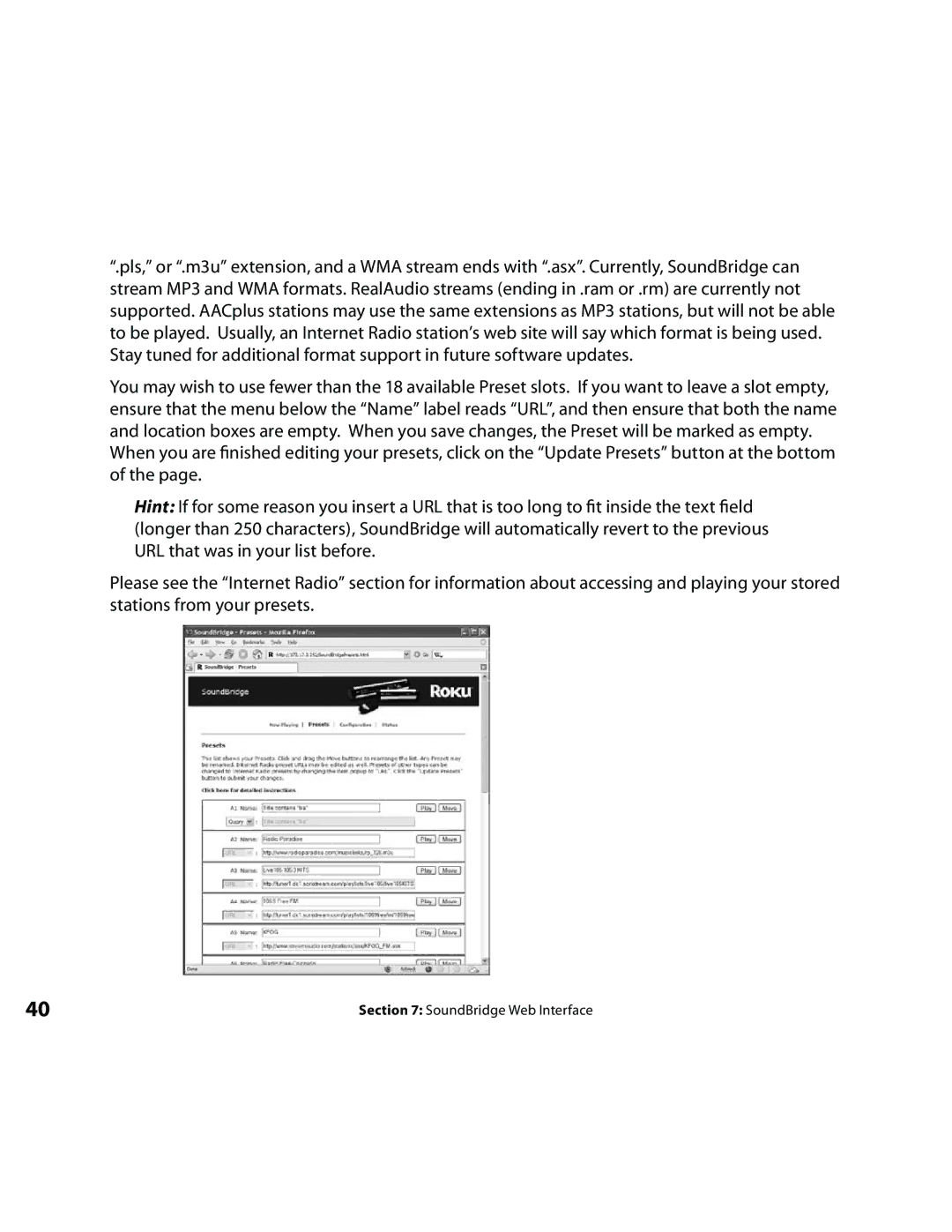 Roku Music Player manual SoundBridge Web Interface 