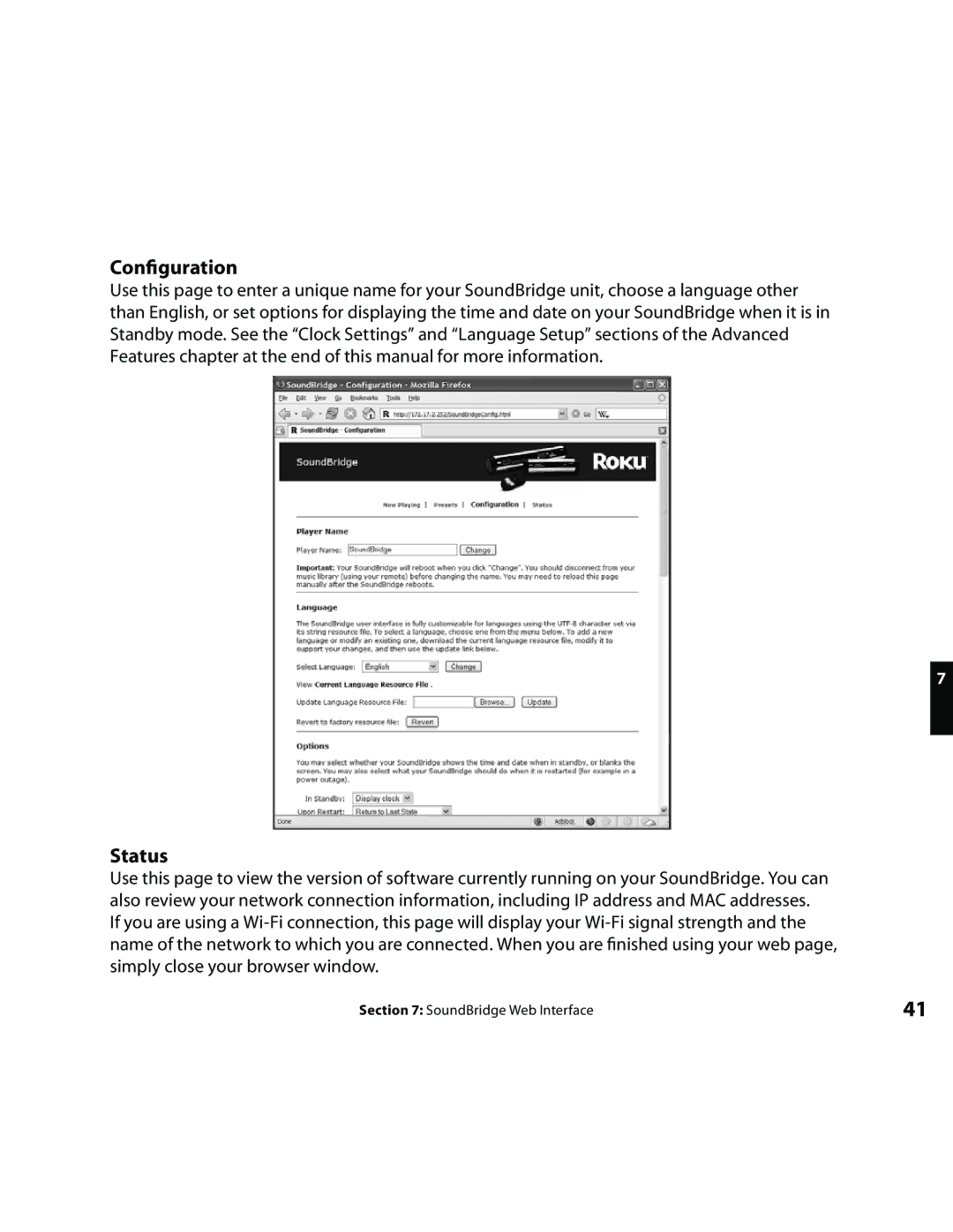 Roku Music Player manual Conﬁguration, Status 