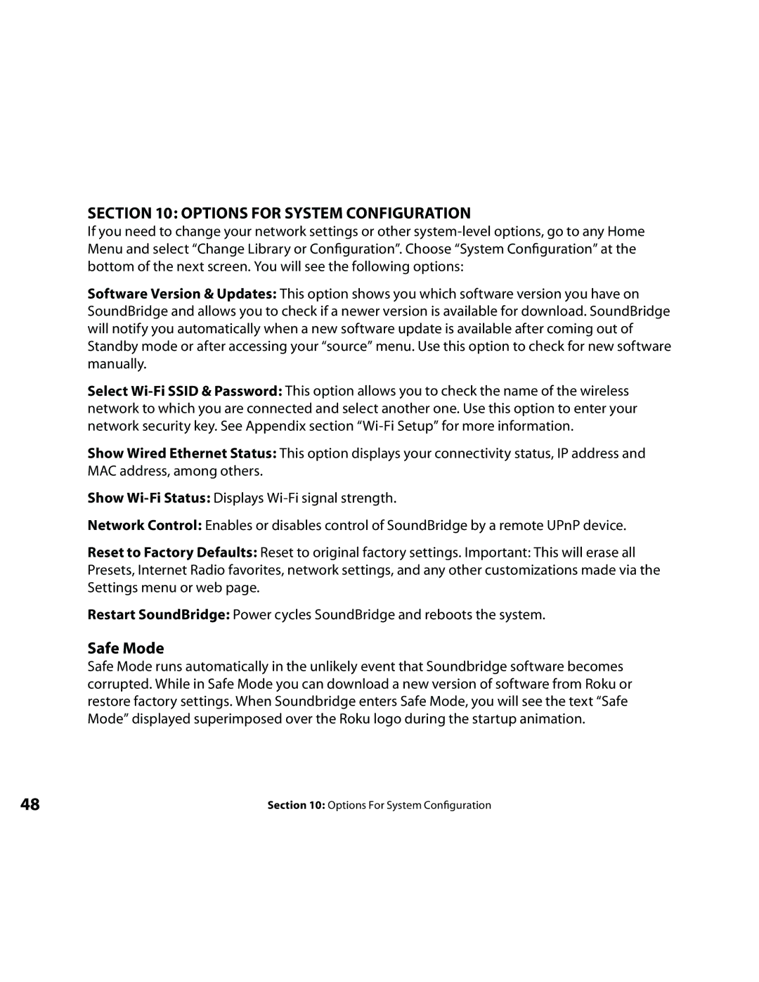 Roku Music Player manual Options for System Configuration, Safe Mode 