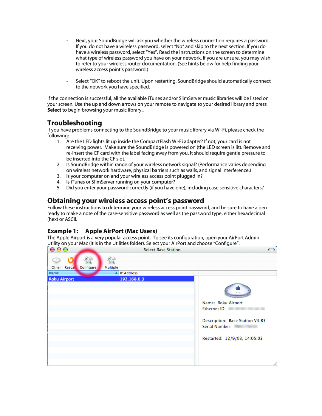 Roku Music Player manual Troubleshooting, Example 1 Apple AirPort Mac Users 