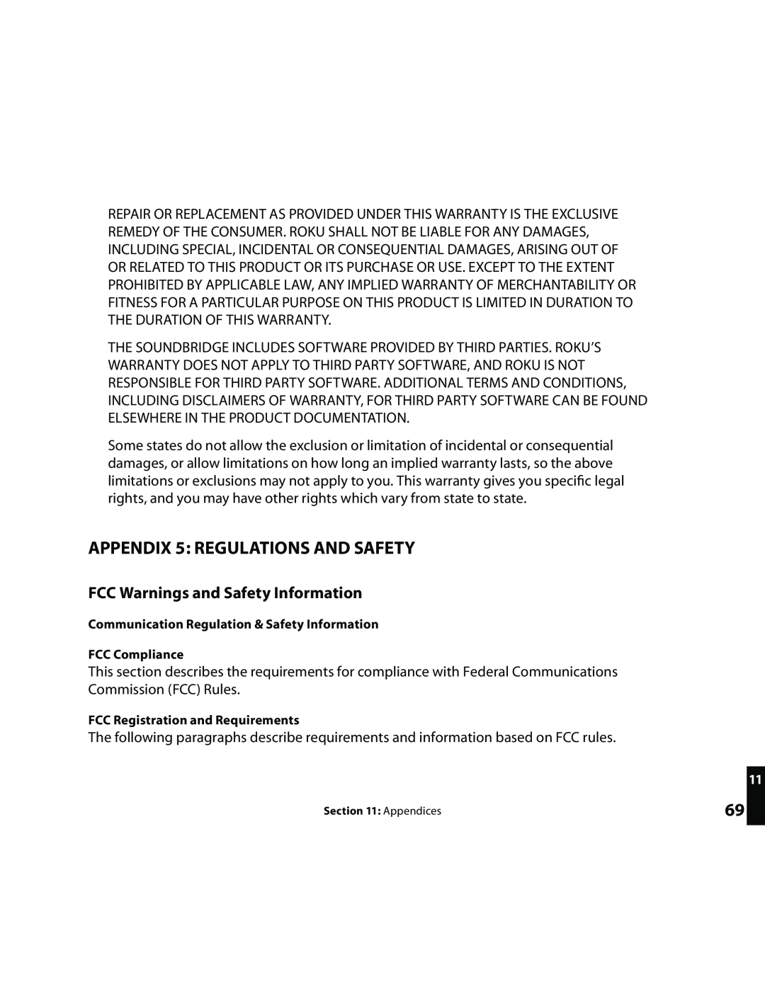 Roku Music Player manual APPENDIX 5: REGULATIONS AND SAFETY, FCC Warnings and Safety Information 