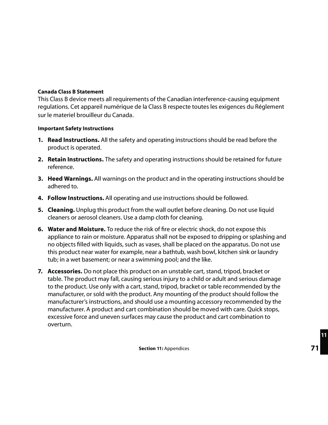 Roku Music Player manual Canada Class B Statement, Important Safety Instructions 