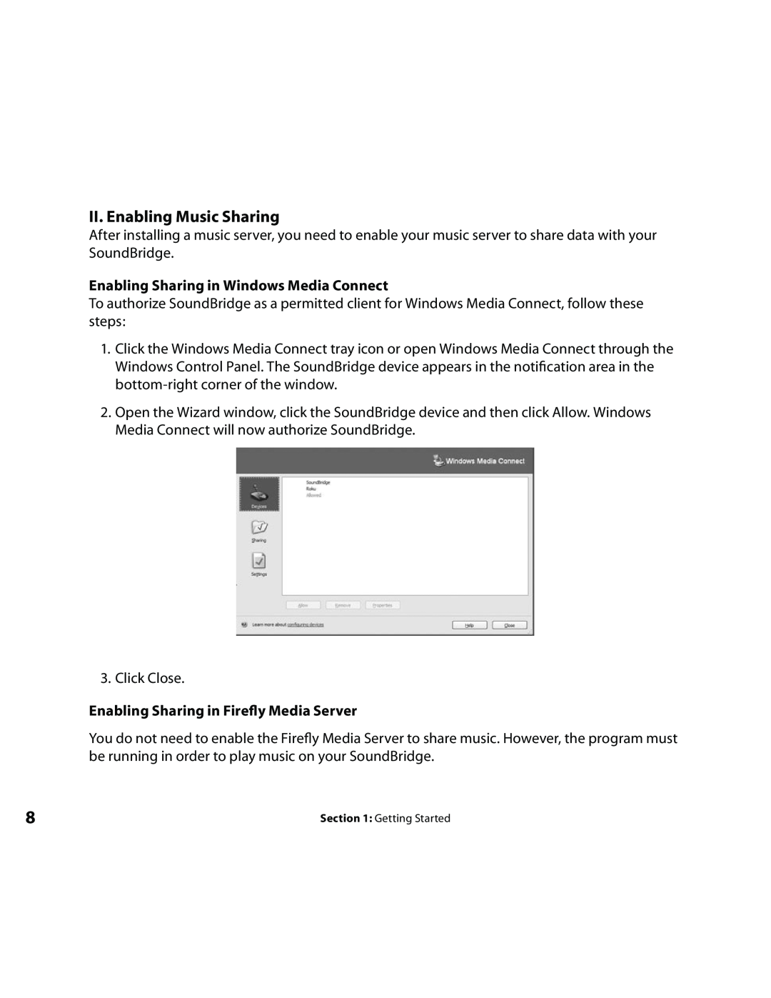 Roku Music Player manual II. Enabling Music Sharing, Enabling Sharing in Windows Media Connect 