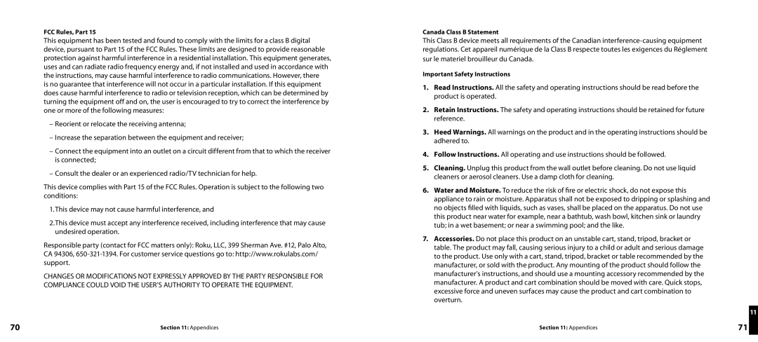 Roku Network Music Player manual FCC Rules, Part, Canada Class B Statement, Important Safety Instructions 