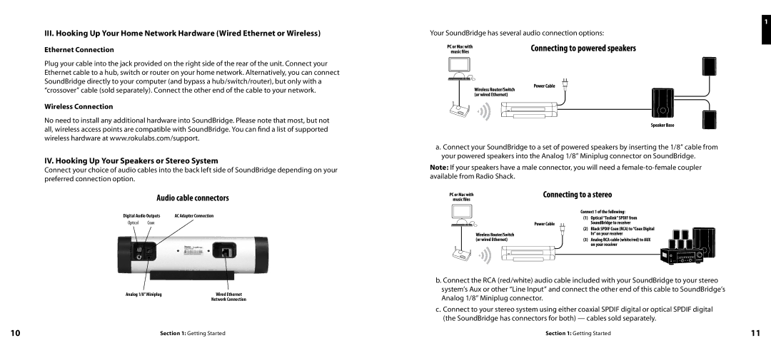 Roku Network Music Player manual IV. Hooking Up Your Speakers or Stereo System, Ethernet Connection, Wireless Connection 