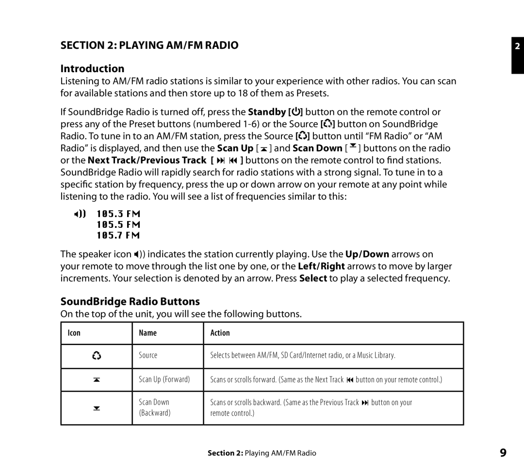 Roku Radio Wi-Fi Music System manual SoundBridge Radio Buttons, 105.3 FM 105.5 FM 105.7 FM, Icon Name Action 