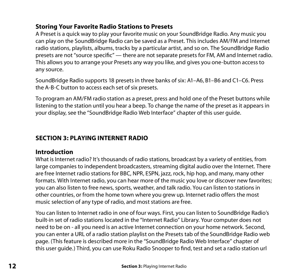 Roku Radio Wi-Fi Music System manual Storing Your Favorite Radio Stations to Presets, Playing Internet Radio Introduction 