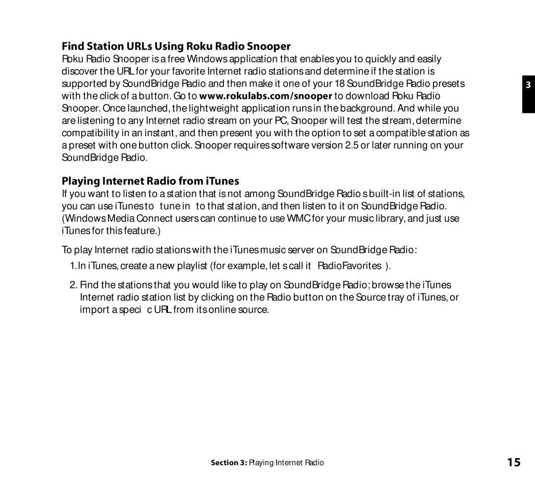 Roku Radio Wi-Fi Music System manual Find Station URLs Using Roku Radio Snooper, Playing Internet Radio from iTunes 