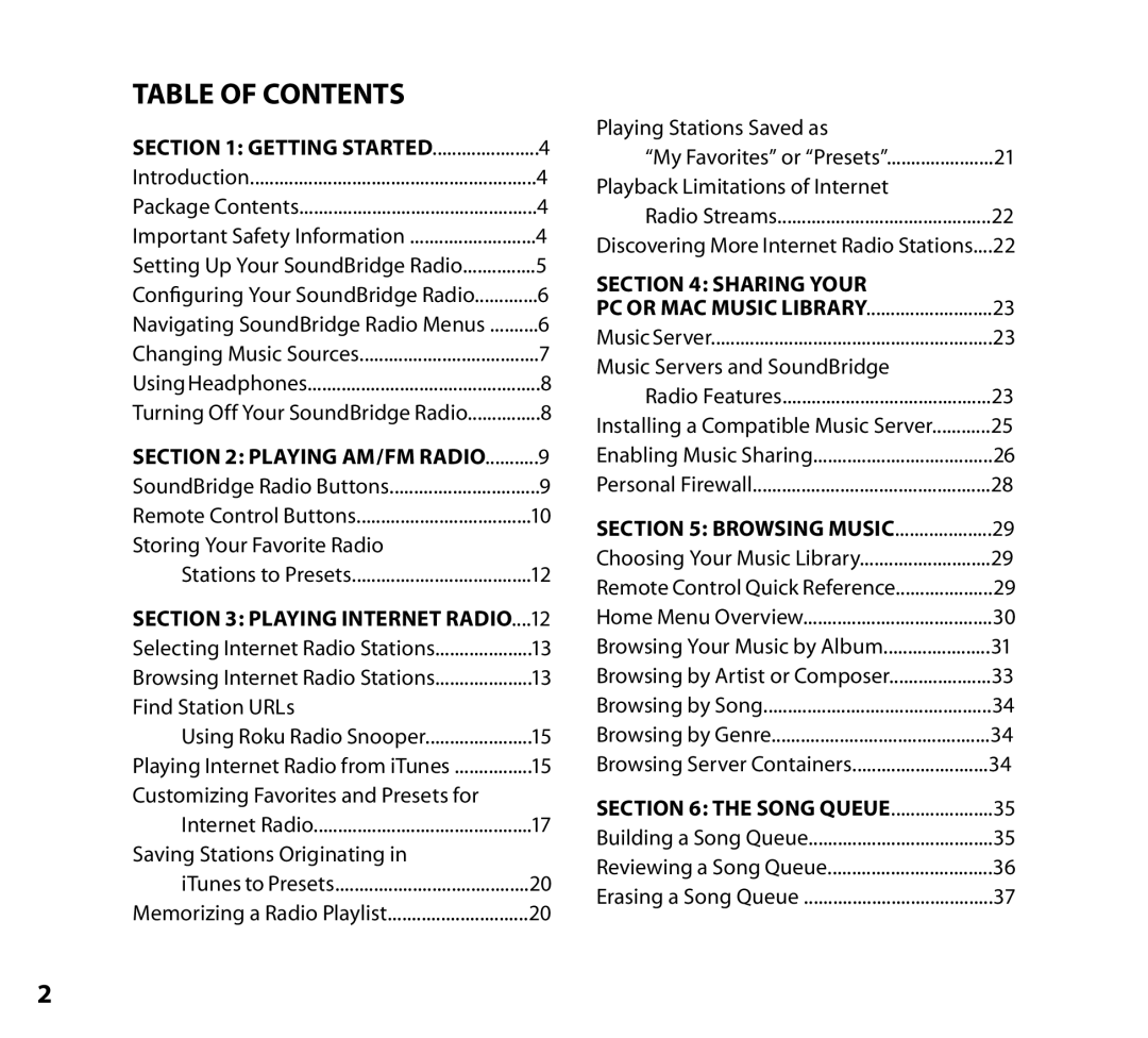 Roku Radio Wi-Fi Music System manual Table of Contents 