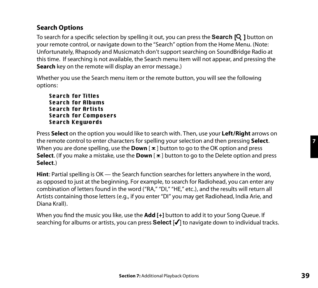 Roku Radio Wi-Fi Music System manual Search Options 