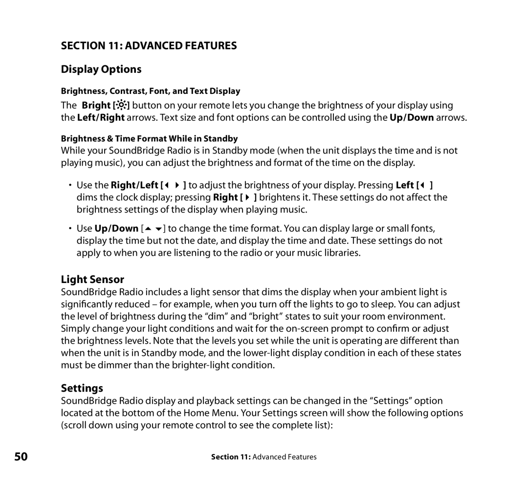 Roku Radio Wi-Fi Music System manual Advanced Features Display Options, Light Sensor, Settings 
