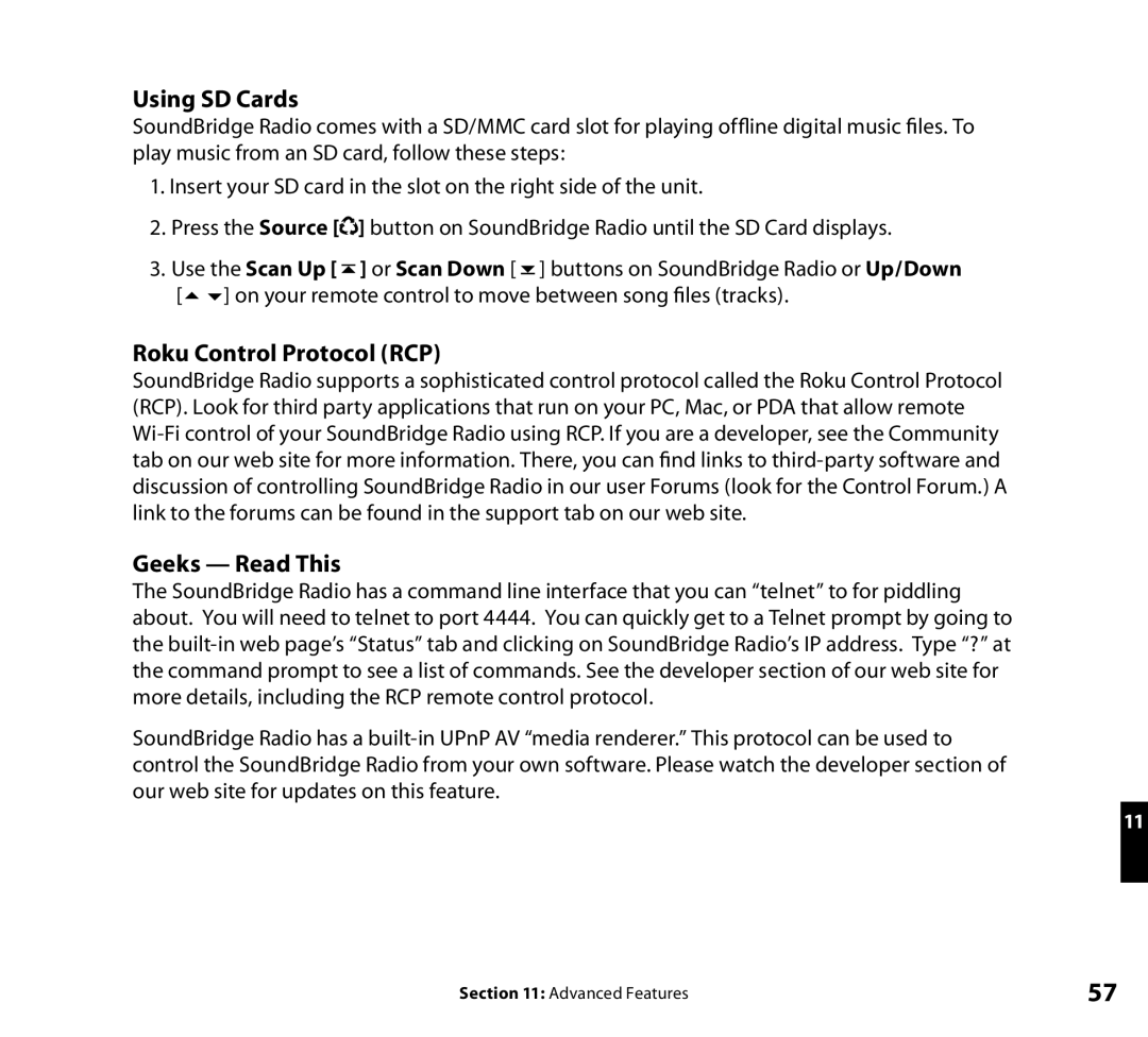 Roku Radio Wi-Fi Music System manual Using SD Cards, Roku Control Protocol RCP, Geeks Read This 