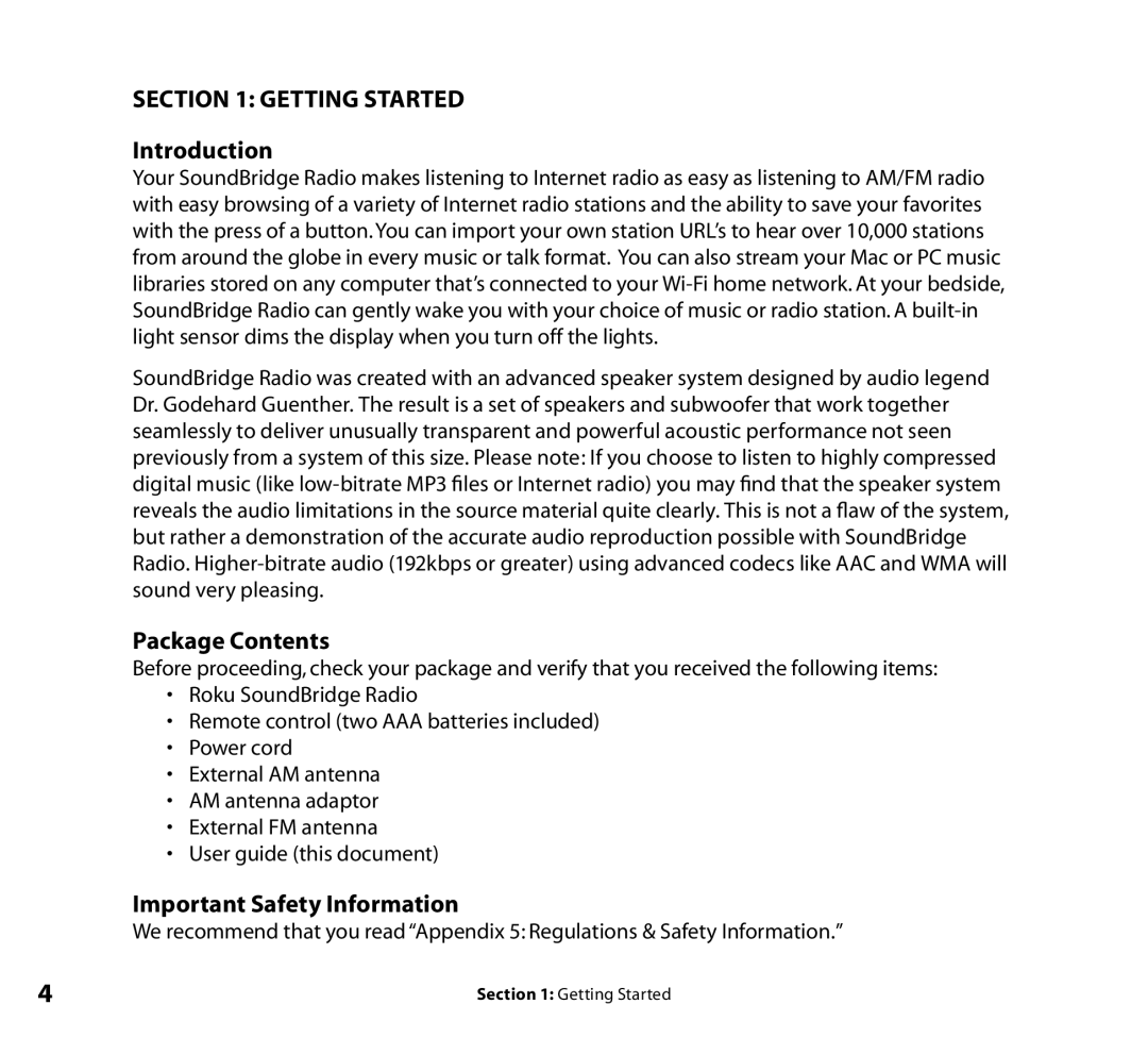 Roku Radio Wi-Fi Music System manual Getting Started Introduction, Package Contents, Important Safety Information 