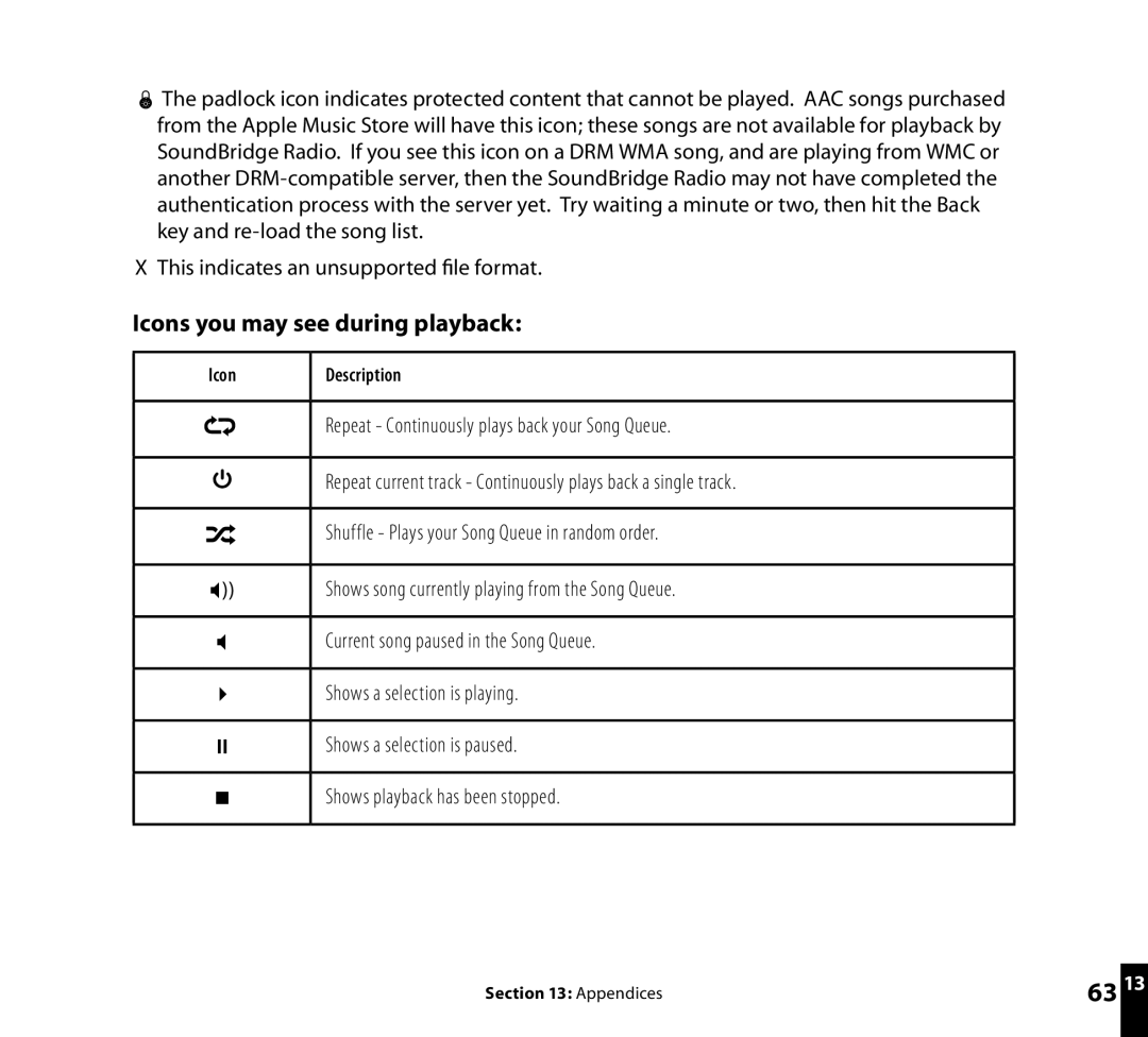 Roku Radio Wi-Fi Music System manual Icons you may see during playback, Repeat Continuously plays back your Song Queue 