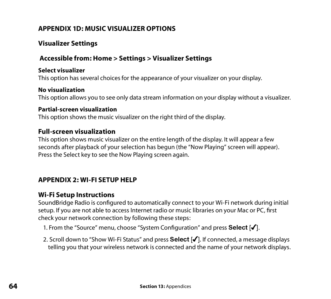 Roku Radio Wi-Fi Music System manual Full-screen visualization, Appendix 2 Wi-Fi Setup help Wi-Fi Setup Instructions 