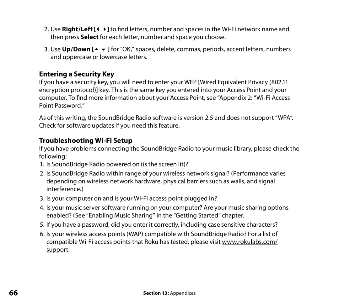 Roku Radio Wi-Fi Music System manual Entering a Security Key, Troubleshooting Wi-Fi Setup 