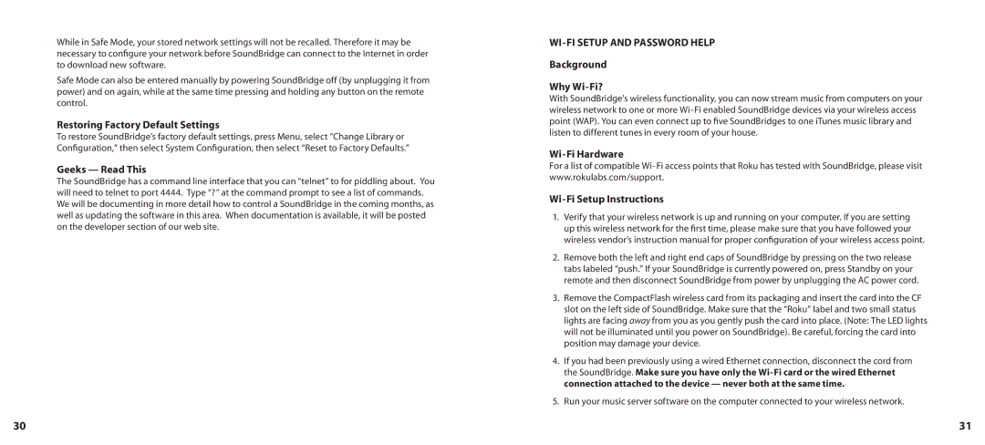Roku SoundBridge Restoring Factory Default Settings, Geeks Read This, WI-FI Setup and Password Help, Background Why Wi-Fi? 
