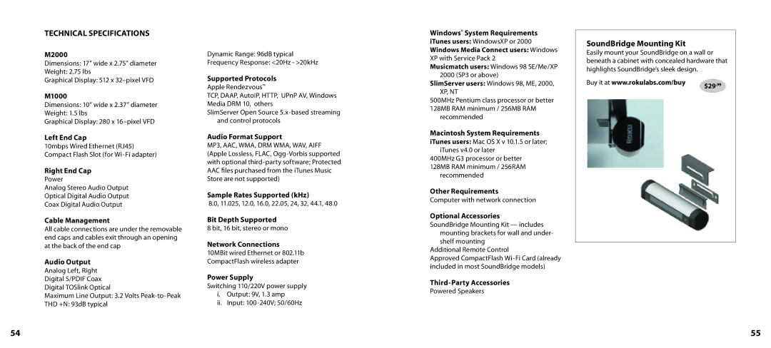 Roku manual Technical Specifications, SoundBridge Mounting Kit 