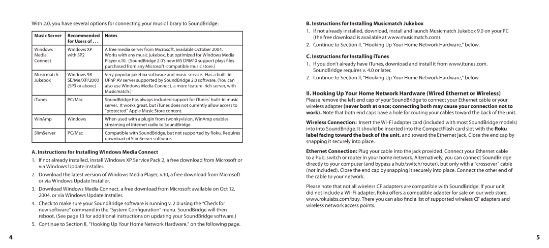 Roku SoundBridge manual Instructions for Installing Windows Media Connect, Instructions for Installing Musicmatch Jukebox 