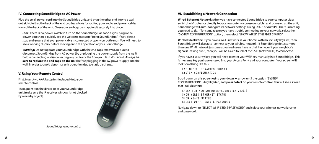 Roku manual IV. Connecting SoundBridge to AC Power, Using Your Remote Control, VI. Establishing a Network Connection 