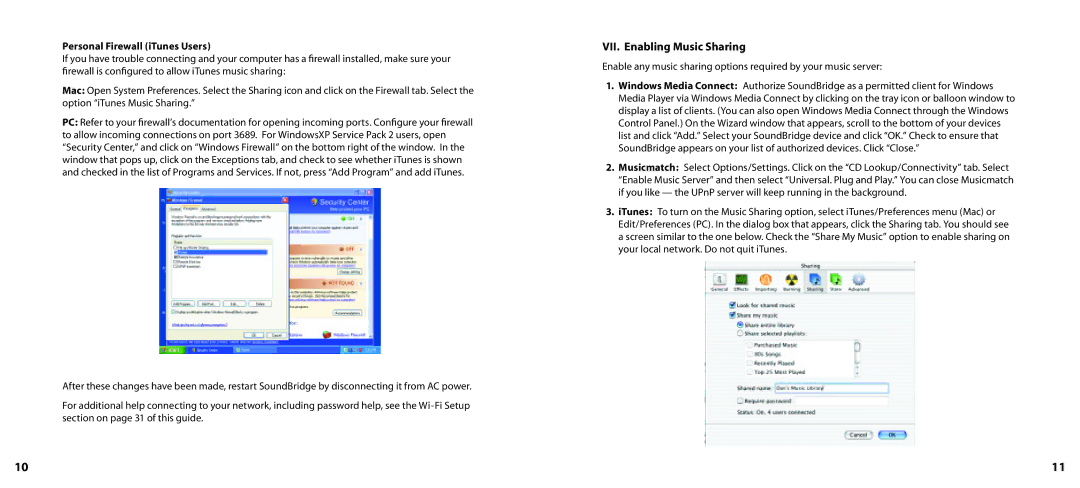 Roku SoundBridge manual VII. Enabling Music Sharing, Personal Firewall iTunes Users 