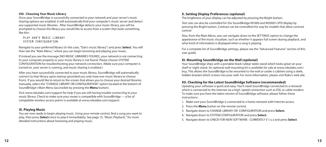 Roku SoundBridge manual IX. Playing Music, Setting Display Preferences optional, VIII. Choosing Your Music Library 