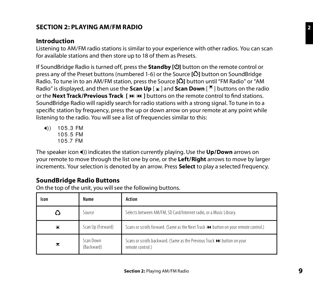 Roku Wi-Fi Music System manual Playing AM/FM Radio, SoundBridge Radio Buttons 