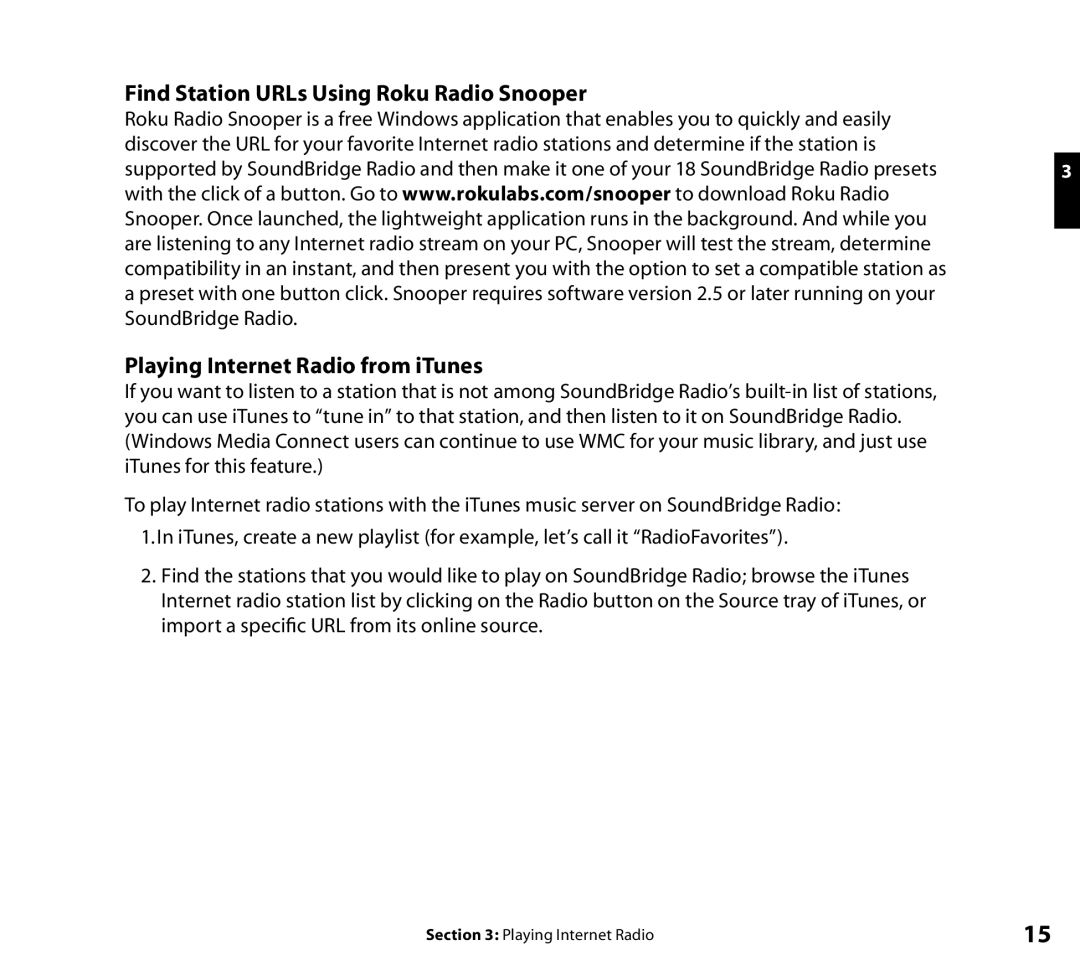 Roku Wi-Fi Music System manual Find Station URLs Using Roku Radio Snooper, Playing Internet Radio from iTunes 