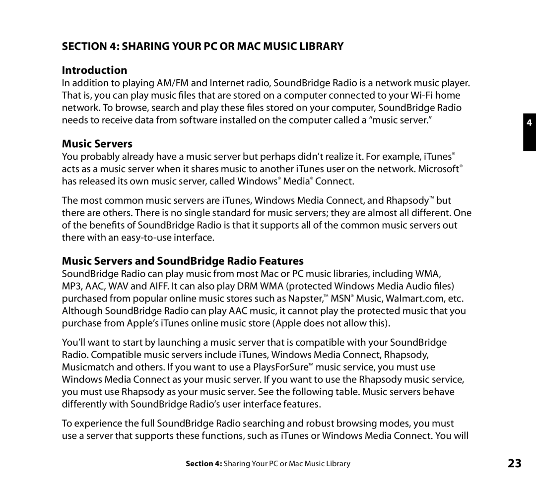 Roku Wi-Fi Music System manual Sharing Your PC or MAC Music Library, Music Servers and SoundBridge Radio Features 