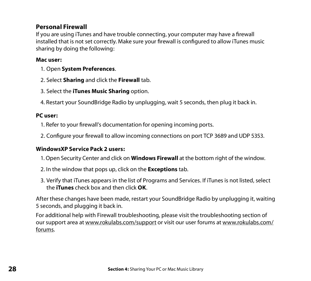 Roku Wi-Fi Music System manual Personal Firewall, Mac user Open System Preferences, Select the iTunes Music Sharing option 