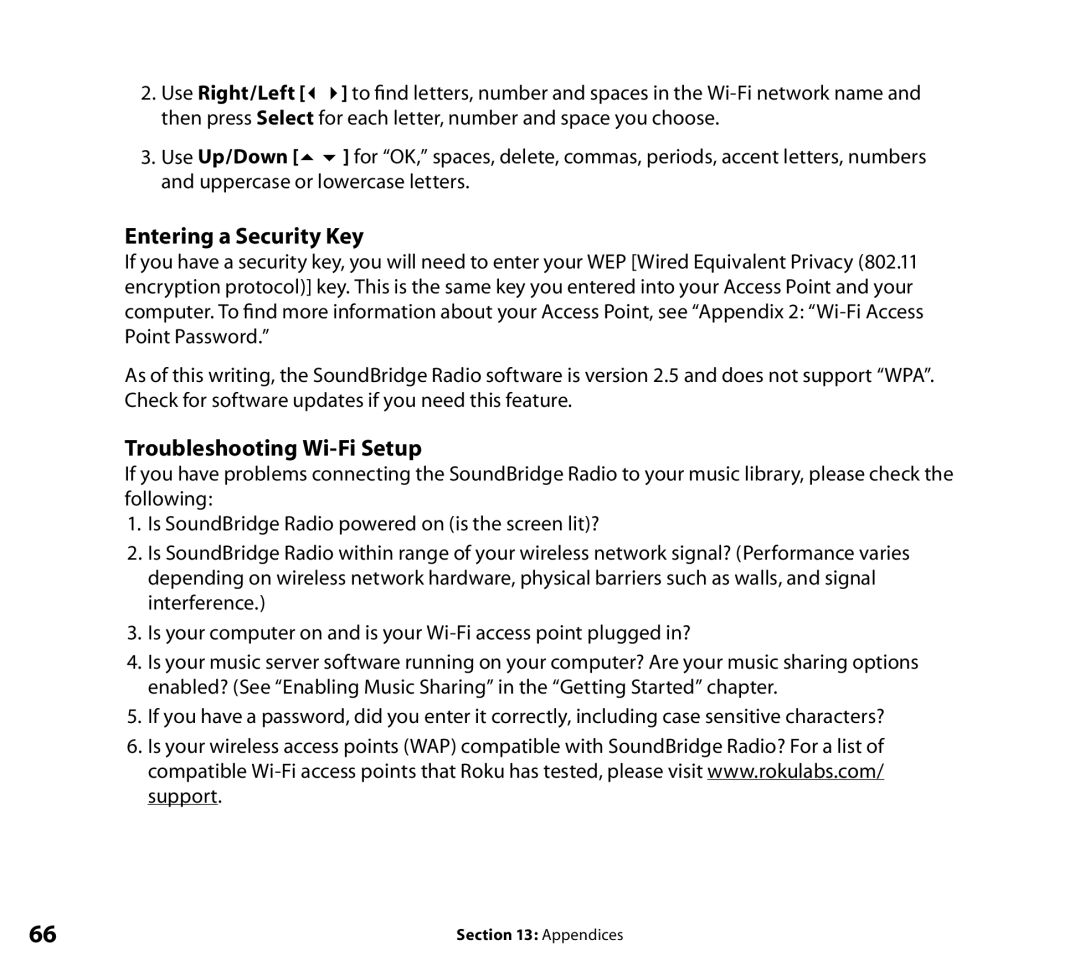 Roku Wi-Fi Music System manual Entering a Security Key, Troubleshooting Wi-Fi Setup, Use Right/Left, Use Up/Down 