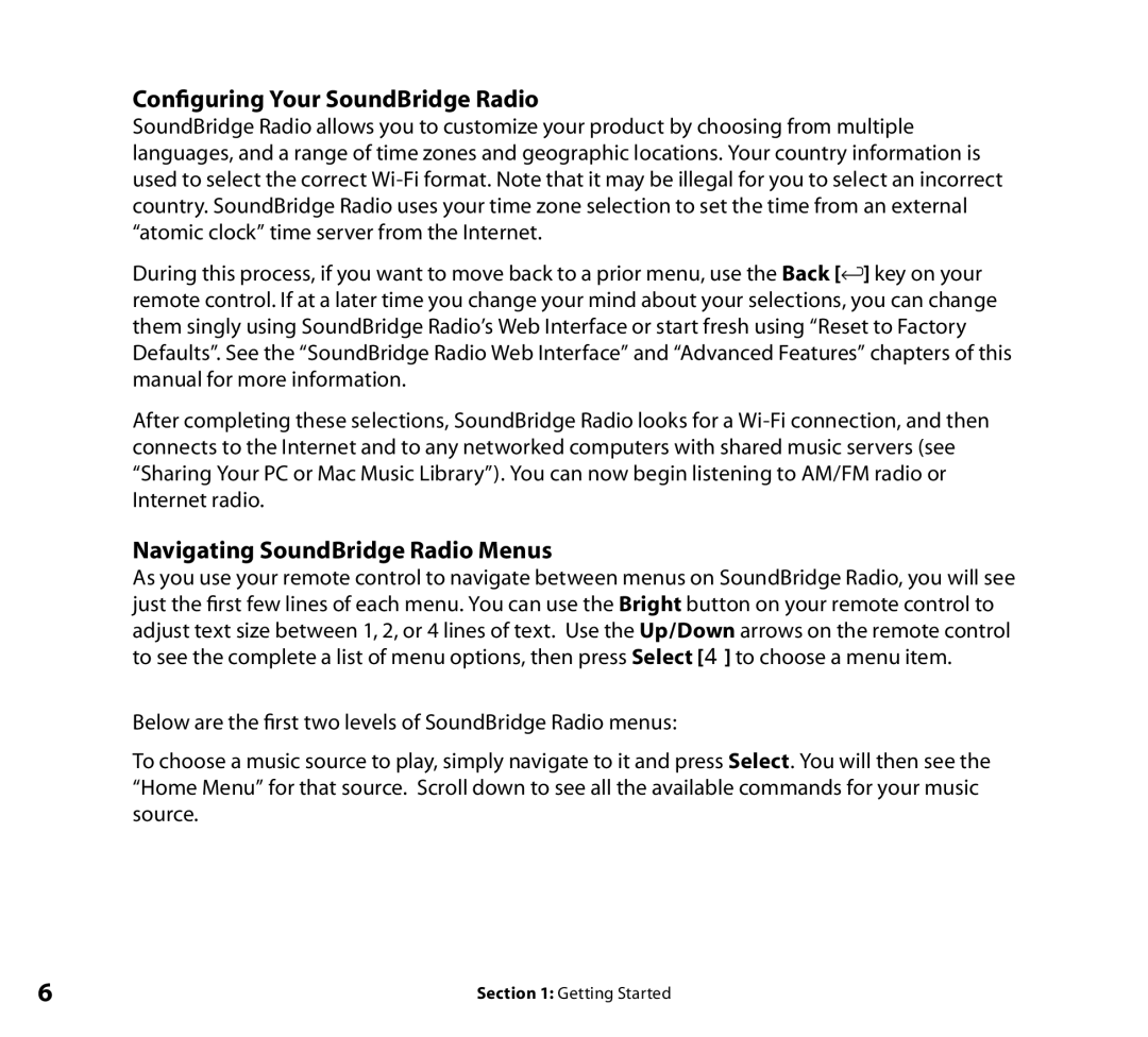 Roku Wi-Fi Music System manual Conﬁguring Your SoundBridge Radio, Navigating SoundBridge Radio Menus 