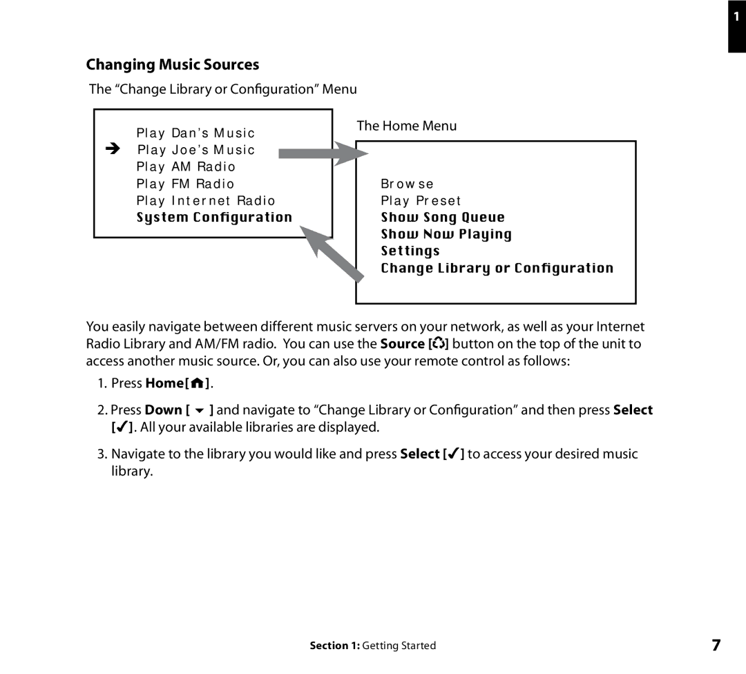 Roku Wi-Fi Music System manual Changing Music Sources, Change Library or Conﬁguration Menu 