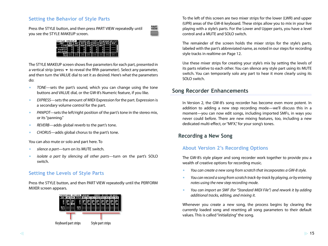 Roland 2 manual Song Recorder Enhancements, Recording a New Song, Setting the Behavior of Style Parts 