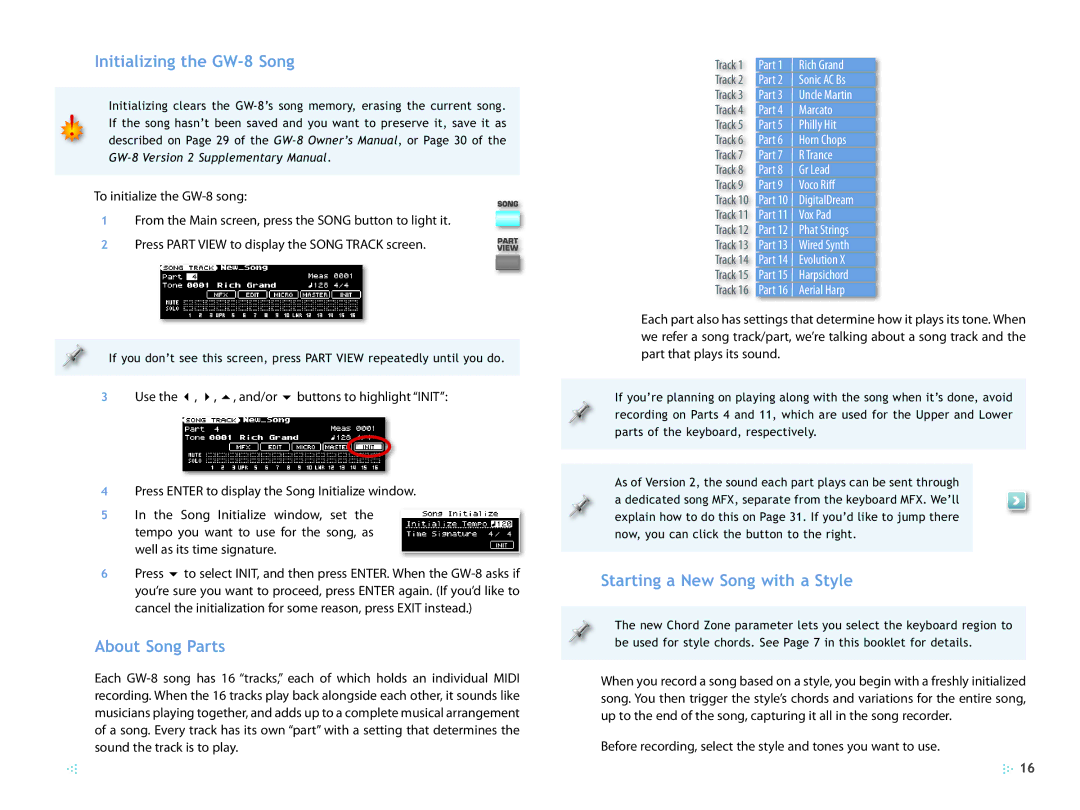 Roland 2 manual Initializing the GW-8 Song, About Song Parts, Starting a New Song with a Style 