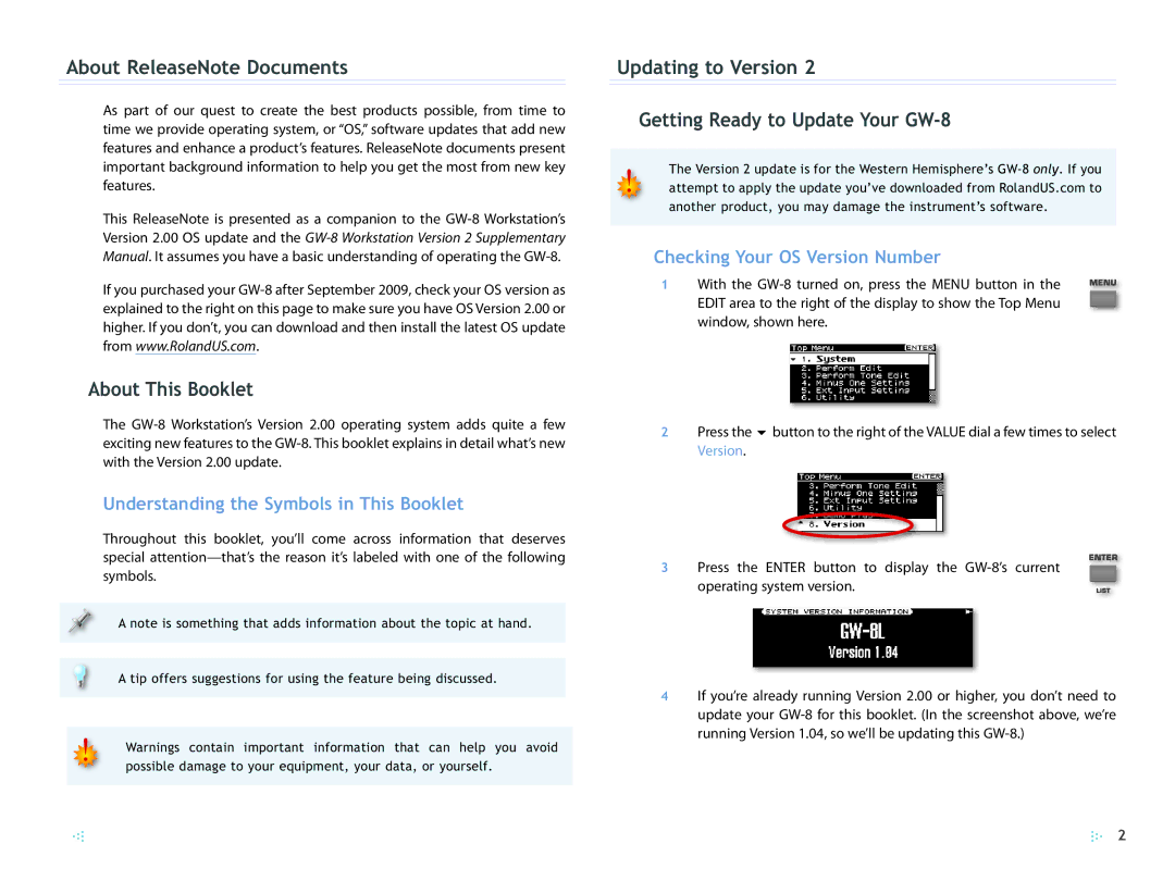 Roland 2 manual About ReleaseNote Documents, About This Booklet, Updating to Version Getting Ready to Update Your GW-8 