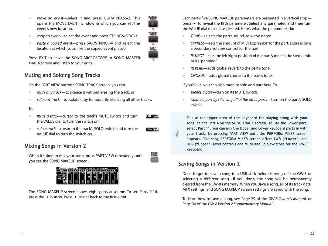 Roland 2 manual Muting and Soloing Song Tracks, Mixing Songs in Version, Saving Songs in Version 