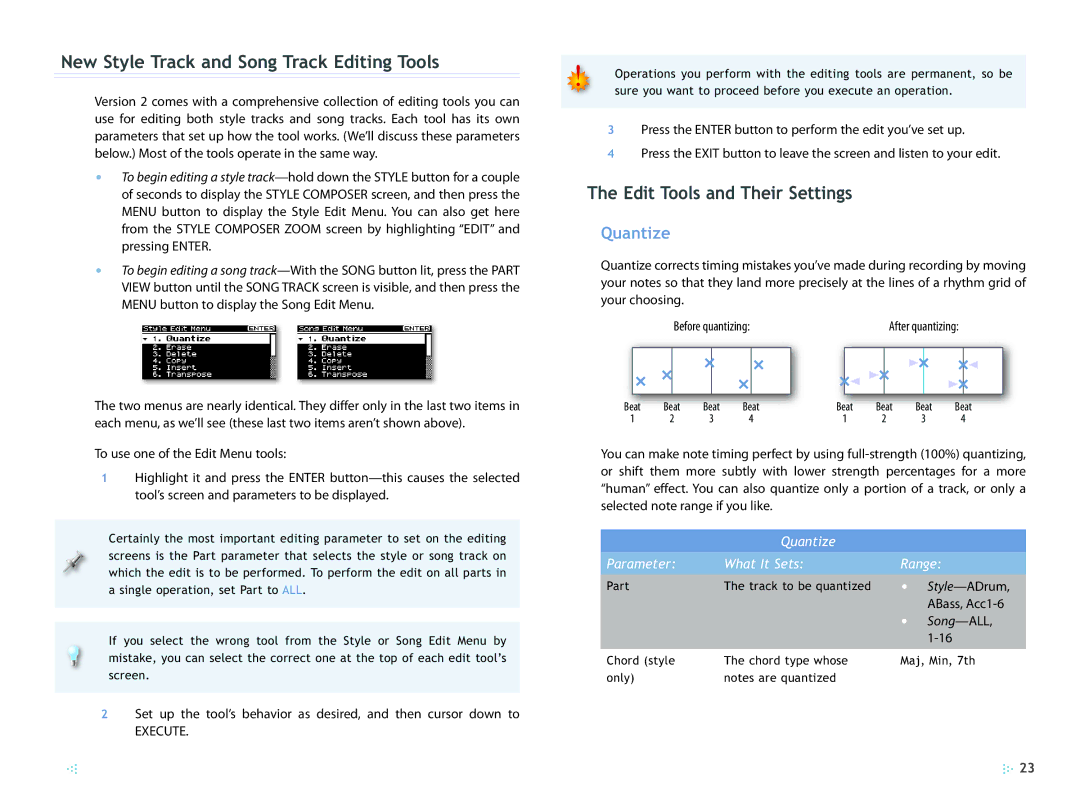 Roland 2 manual New Style Track and Song Track Editing Tools, Edit Tools and Their Settings, Quantize, Song- ALL 