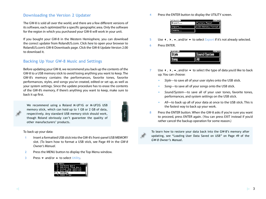 Roland manual Downloading the Version 2 Updater, Backing Up Your GW-8 Music and Settings 