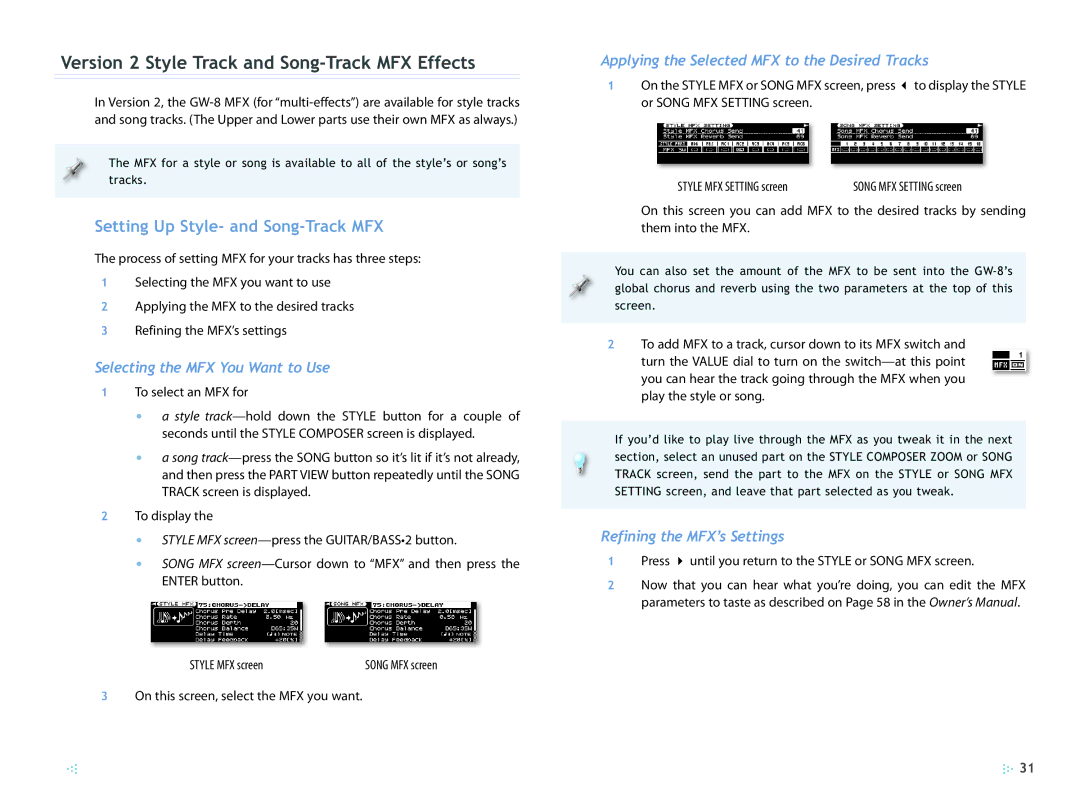 Roland manual Version 2 Style Track and Song-Track MFX Effects, Setting Up Style- and Song-Track MFX 