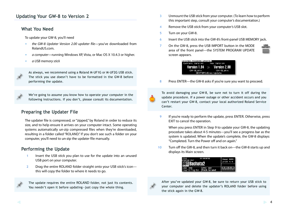 Roland 2 Updating Your GW-8 to Version What You Need, Preparing the Updater File, Performing the Update, USB memory stick 