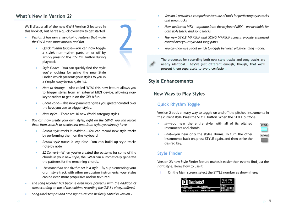 Roland manual What’s New In Version 2?, Style Enhancements New Ways to Play Styles, Quick Rhythm Toggle, Style Finder 