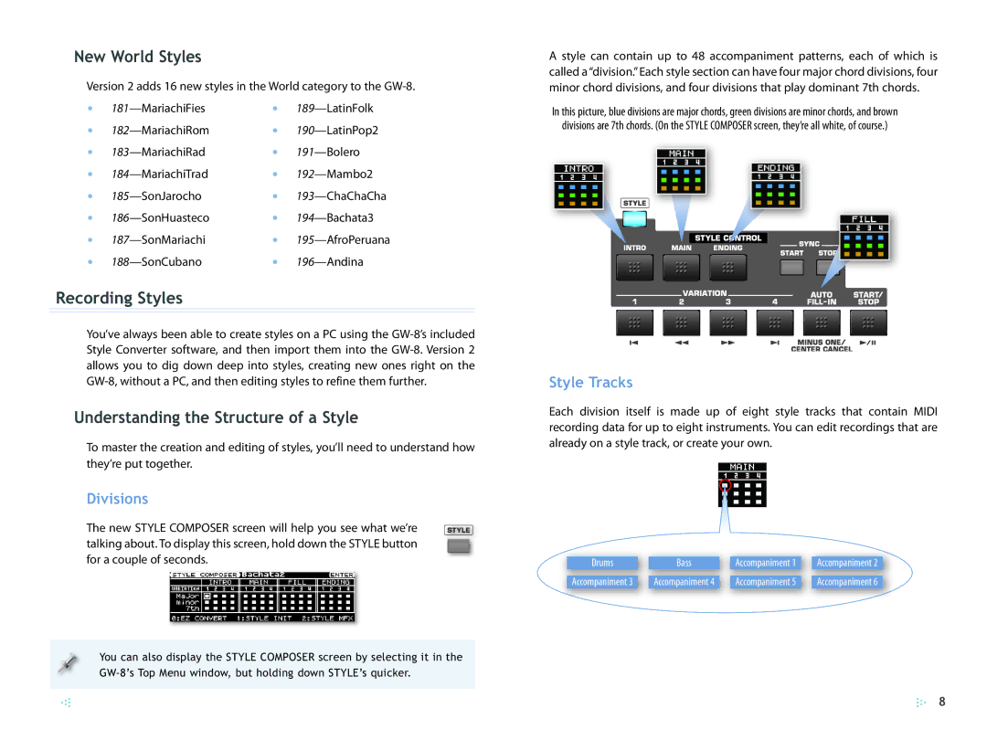 Roland 2 manual New World Styles, Recording Styles, Understanding the Structure of a Style, Divisions, Style Tracks 