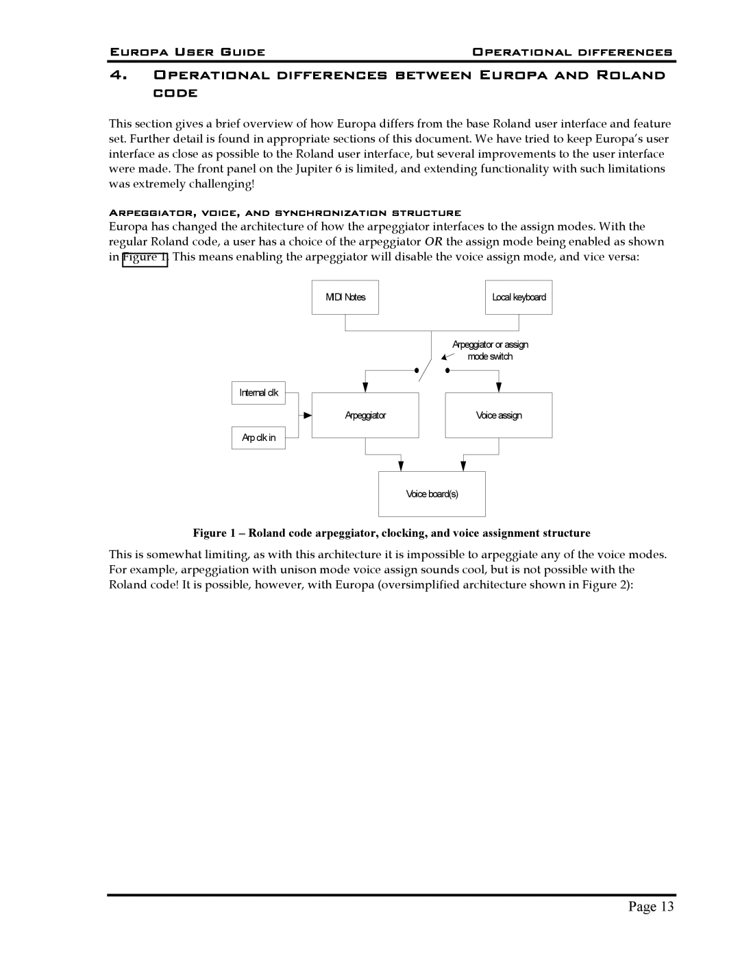 Roland 5 manual Europa User Guide Operational differences, Arpeggiator, voice, and synchronization structure 