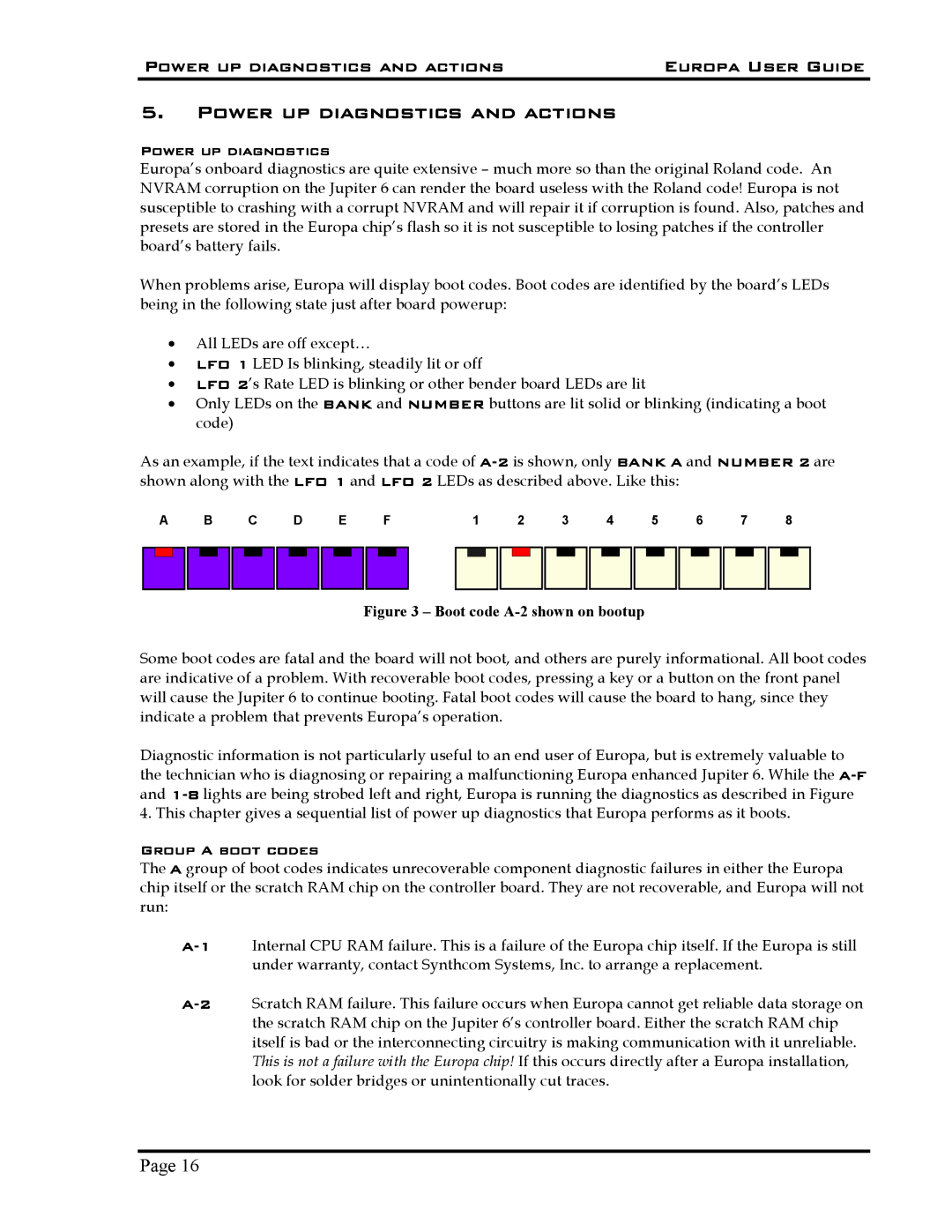 Roland 5 manual Power up diagnostics and actions Europa User Guide 