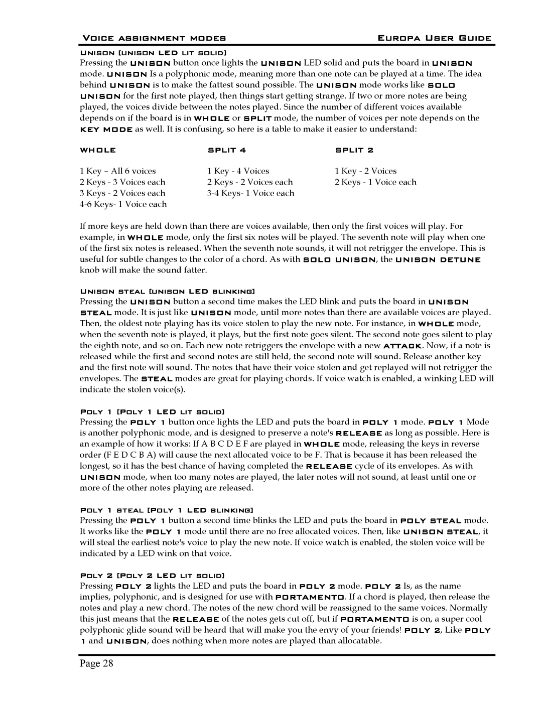 Roland 5 manual Voice assignment modes Europa User Guide, Whole Split 